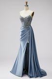 Strapless Blue Corset Satin Ruched Rhinestone Mermaid Prom Dress with Slit