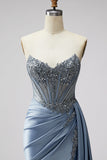 Strapless Blue Corset Satin Ruched Rhinestone Mermaid Prom Dress with Slit
