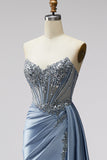 Strapless Blue Corset Satin Ruched Rhinestone Mermaid Prom Dress with Slit