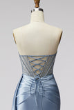 Strapless Blue Corset Satin Ruched Rhinestone Mermaid Prom Dress with Slit