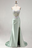 Glitter Light Green Strapless Beaded Corset Mermaid Prom Dress with Slit
