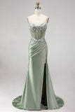 Glitter Light Green Strapless Beaded Corset Mermaid Prom Dress with Slit