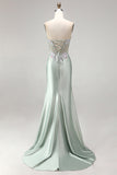 Glitter Light Green Strapless Beaded Corset Mermaid Prom Dress with Slit