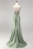 Glitter Light Green Strapless Beaded Corset Mermaid Prom Dress with Slit