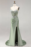 Glitter Light Green Strapless Beaded Corset Mermaid Prom Dress with Slit