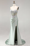 Glitter Light Green Strapless Beaded Corset Mermaid Prom Dress with Slit