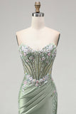 Glitter Light Green Strapless Beaded Corset Mermaid Prom Dress with Slit