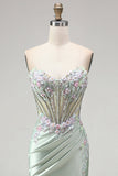 Glitter Light Green Strapless Beaded Corset Mermaid Prom Dress with Slit