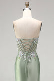 Glitter Light Green Strapless Beaded Corset Mermaid Prom Dress with Slit