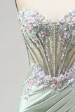 Glitter Light Green Strapless Beaded Corset Mermaid Prom Dress with Slit