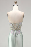 Glitter Light Green Strapless Beaded Corset Mermaid Prom Dress with Slit