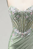 Glitter Light Green Strapless Beaded Corset Mermaid Prom Dress with Slit