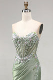 Glitter Light Green Strapless Beaded Corset Mermaid Prom Dress with Slit