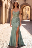 Glitter Light Green Strapless Beaded Corset Mermaid Prom Dress with Slit