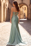 Glitter Light Green Strapless Beaded Corset Mermaid Prom Dress with Slit