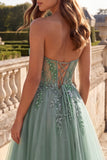 Sweetheart Dusty Sage Applique A Line Prom Dress with Slit