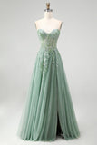 Sweetheart Dusty Sage Applique A Line Prom Dress with Slit