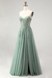 Sweetheart Dusty Sage Applique A Line Prom Dress with Slit