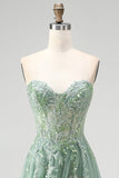Sweetheart Dusty Sage Applique A Line Prom Dress with Slit