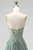 Sweetheart Dusty Sage Applique A Line Prom Dress with Slit