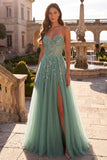 Sweetheart Dusty Sage Applique A Line Prom Dress with Slit