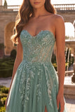Sweetheart Dusty Sage Applique A Line Prom Dress with Slit