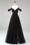 Black A Line Cold Shoulder Tulle Applique Sequin Prom Dress with Slit