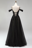 Black A Line Cold Shoulder Tulle Applique Sequin Prom Dress with Slit