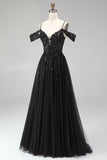 Black A Line Cold Shoulder Tulle Applique Sequin Prom Dress with Slit