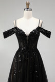 Black A Line Cold Shoulder Tulle Applique Sequin Prom Dress with Slit