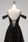 Black A Line Cold Shoulder Tulle Applique Sequin Prom Dress with Slit