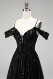 Black A Line Cold Shoulder Tulle Applique Sequin Prom Dress with Slit