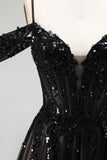 Black A Line Cold Shoulder Tulle Applique Sequin Prom Dress with Slit