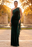 One Shoulder Dark Green Sheath Ruched Velvet Formal Dress with Drape