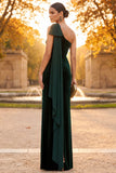 One Shoulder Dark Green Sheath Ruched Velvet Formal Dress with Drape