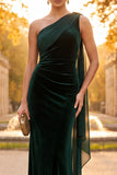 One Shoulder Dark Green Sheath Ruched Velvet Formal Dress with Drape