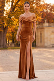 Off the Shoulder Velvet Sheath Brown Long Formal Dress with Slit