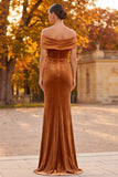 Off the Shoulder Velvet Sheath Brown Long Formal Dress with Slit