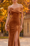 Off the Shoulder Velvet Sheath Brown Long Formal Dress with Slit
