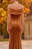 Off the Shoulder Velvet Sheath Brown Long Formal Dress with Slit