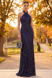 Navy Halter Sheath Fringed Sequin Formal Dress