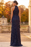 Navy Halter Sheath Fringed Sequin Formal Dress