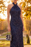 Navy Halter Sheath Fringed Sequin Formal Dress