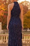 Navy Halter Sheath Fringed Sequin Formal Dress