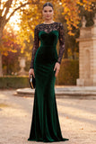 Dark Green Velvet Illusion Neck Lace Long Sleeve Mermaid Formal Dress