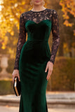 Dark Green Velvet Illusion Neck Lace Long Sleeve Mermaid Formal Dress