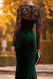 Dark Green Velvet Illusion Neck Lace Long Sleeve Mermaid Formal Dress