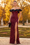 Sparkly Burgundy Ruffled Off the Shoulder Sheath Long Formal Dress with Slit