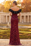 Sparkly Burgundy Ruffled Off the Shoulder Sheath Long Formal Dress with Slit