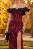 Sparkly Burgundy Ruffled Off the Shoulder Sheath Long Formal Dress with Slit